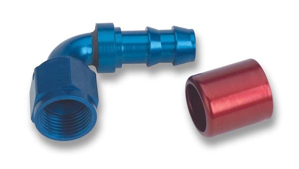 Fitting - Hose End - Super Stock - 90 Degree - 10 AN Hose Crimp to 10 AN Female - Aluminum - Blue / Red Anodized - Each