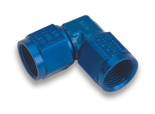 Fitting - Adapter - 90 Degree - 8 AN Female Swivel to 8 AN Female Swivel - Low Profile - Aluminum - Blue Anodized - Each