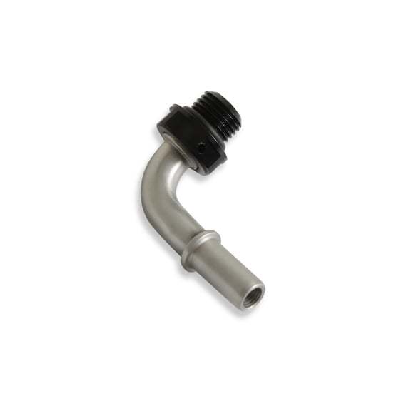 Fitting - Fuel Line Adapter - 90 Degree - 3/8 in SAE Male Quick Disconnect to 6 AN ORB - Stainless - Aluminum - Black Anodized - Each
