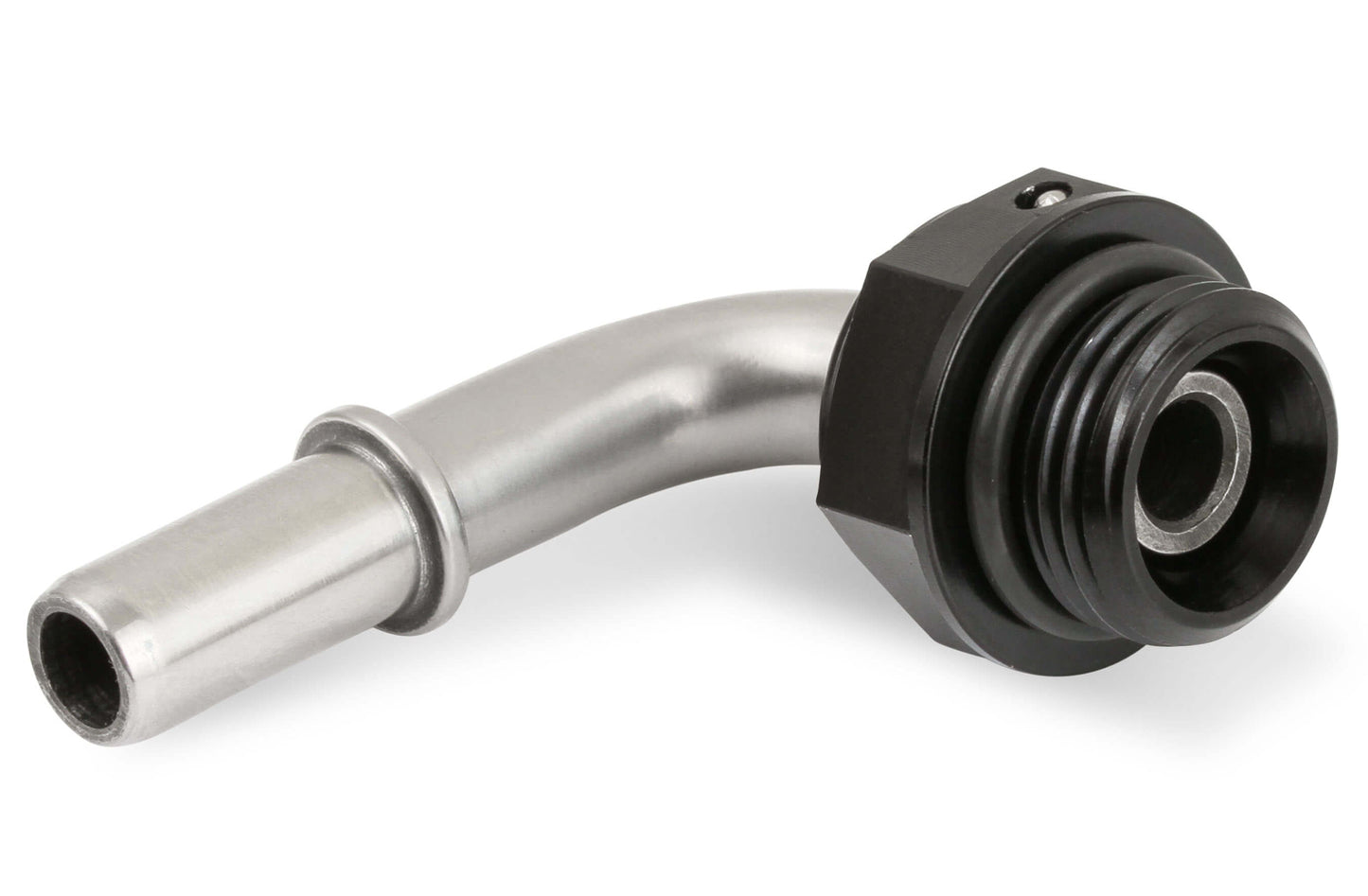 Fitting - Fuel Line Adapter - 90 Degree - 3/8 in SAE Male Quick Disconnect to 8 AN ORB - Stainless - Aluminum - Black Anodized - Each