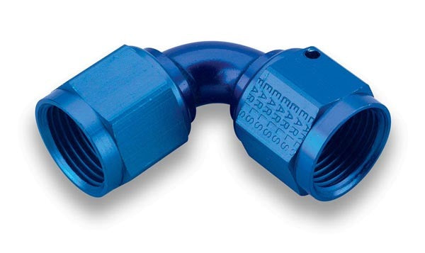 Fitting - Adapter - 90 Degree - 8 AN Female Swivel to 8 AN Female Swivel - Aluminum - Blue Anodized - Each