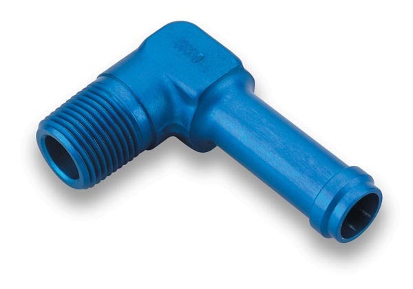 Fitting - Adapter - 90 Degree - 1/2 in NPT Male to 5/8 in Hose Barb - Aluminum - Blue Anodized - Each