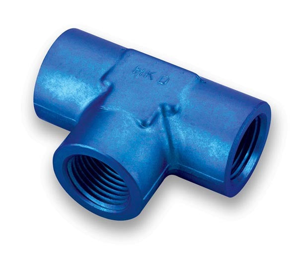 Fitting - Adapter Tee - 1/8 in NPT Female x 1/8 in NPT Female x 1/8 in NPT Female - Aluminum - Blue Anodized - Each