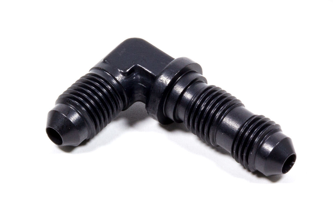 Fitting - Bulkhead - 90 Degree - 4 AN Male to 4 AN Male Bulkhead - Aluminum - Black Anodized - Each
