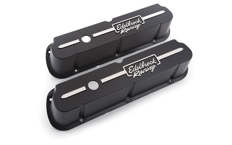Valve Cover - Racing Series - Tall - Breather Hole - Edelbrock Logo - Aluminum - Black Powder Coat - Small Block Ford - Pair