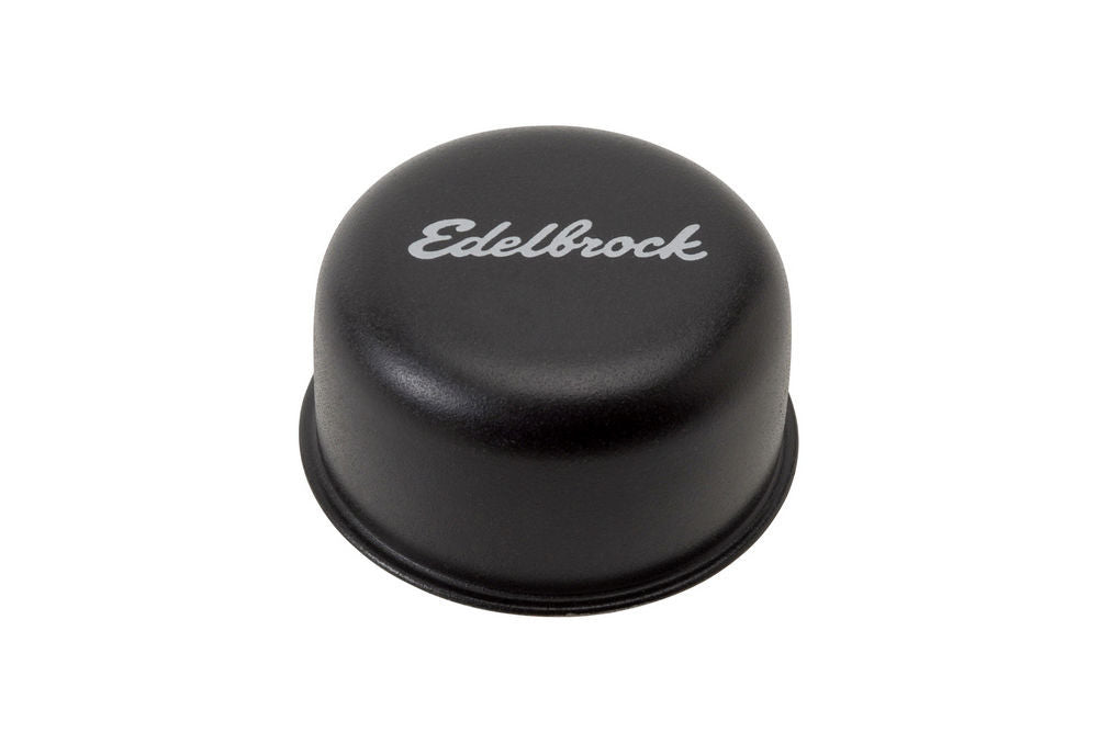 Breather - Signature Series - Push-In - Round - 1-1/4 in Hole - Edelbrock Logo - Steel - Black Powder Coat - Each