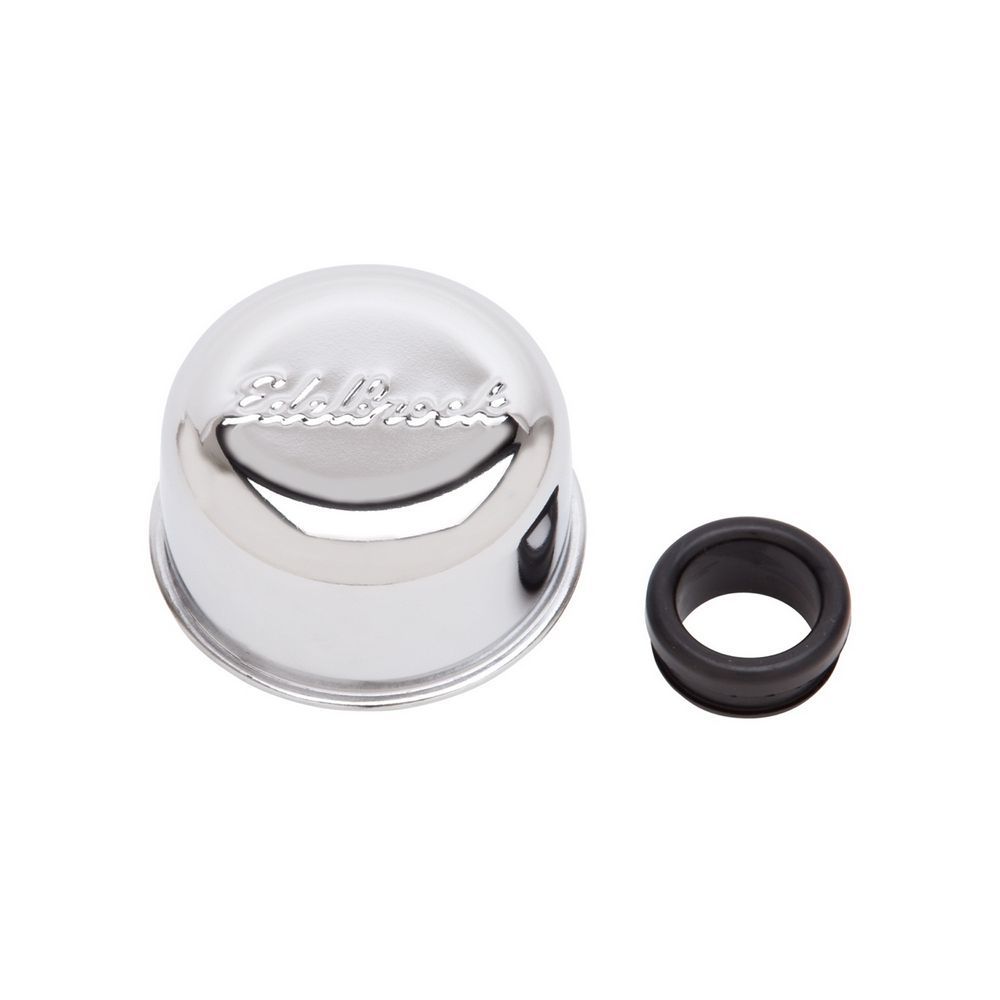 Breather - Signature Series - Push-In - Round - 1-1/4 in Hole - Edelbrock Logo - Steel - Chrome - Each