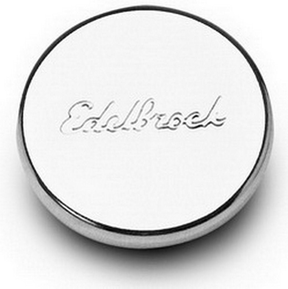Oil Fill Cap - Push-In - Round - 1-1/4 in Valve Cover Hole - Edelbrock Logo - Steel - Chrome - Each