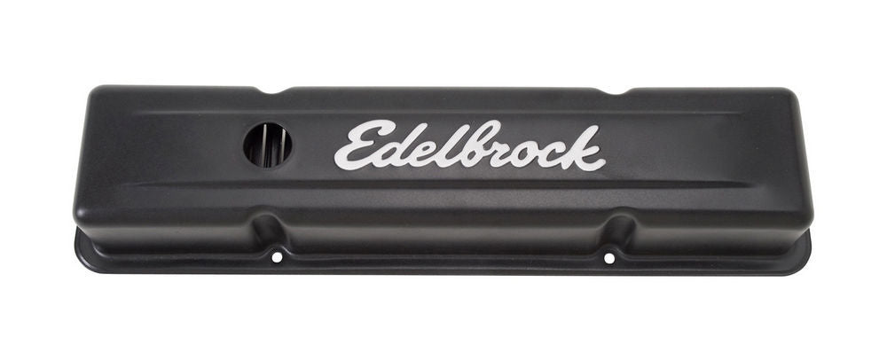 Valve Cover - Signature Series - Short - Baffled - Breather Hole - Grommets - Edelbrock Logo - Steel - Black Powder Coat - Small Block Chevy - Pair