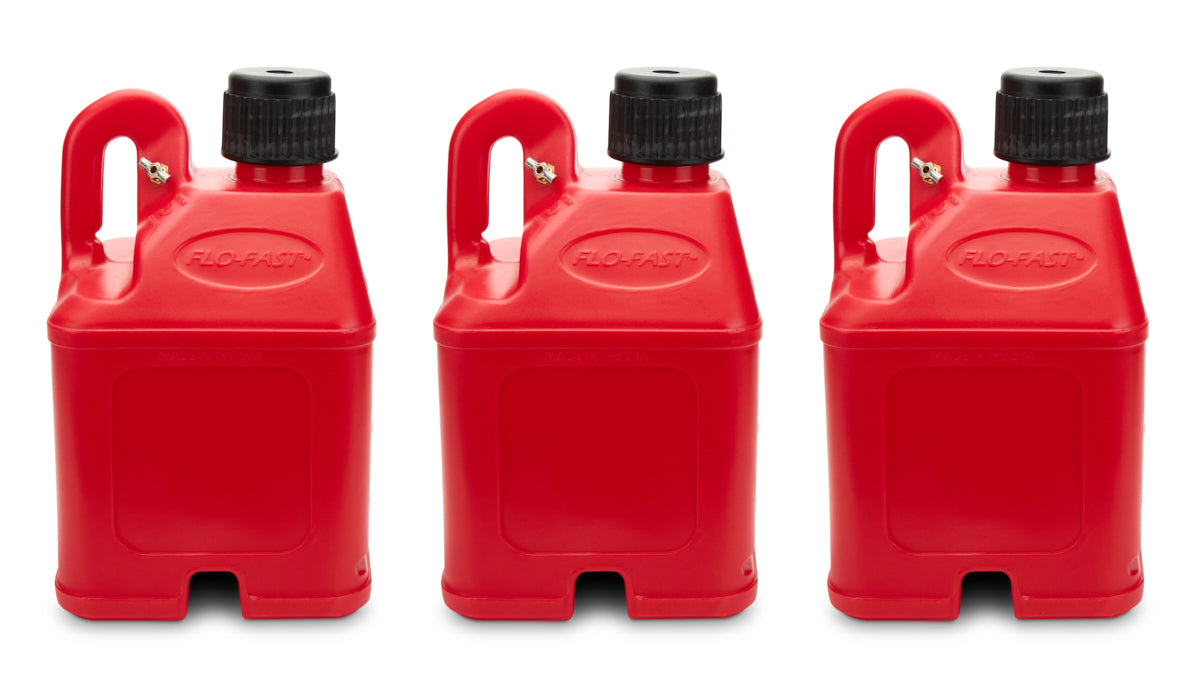Utility Jug - Stackable - 5 gal - 11 x 11.25 x 18.5 in Tall - O-Ring Seal Cap - Petcock Vent - Square - Plastic - Red - Set of 3