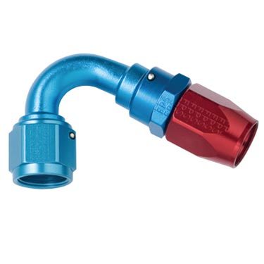 Fitting - Hose End - 3000 Series - 150 Degree - 4 AN Hose to 4 AN Male - Swivel - Aluminum - Blue / Red Anodized - Each