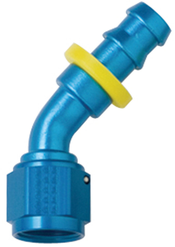 Fitting - Hose End - 8000 Series Push-Lite - 45 Degree - 6 AN Hose Barb to 6 AN Female - Aluminum - Blue Anodized - Each