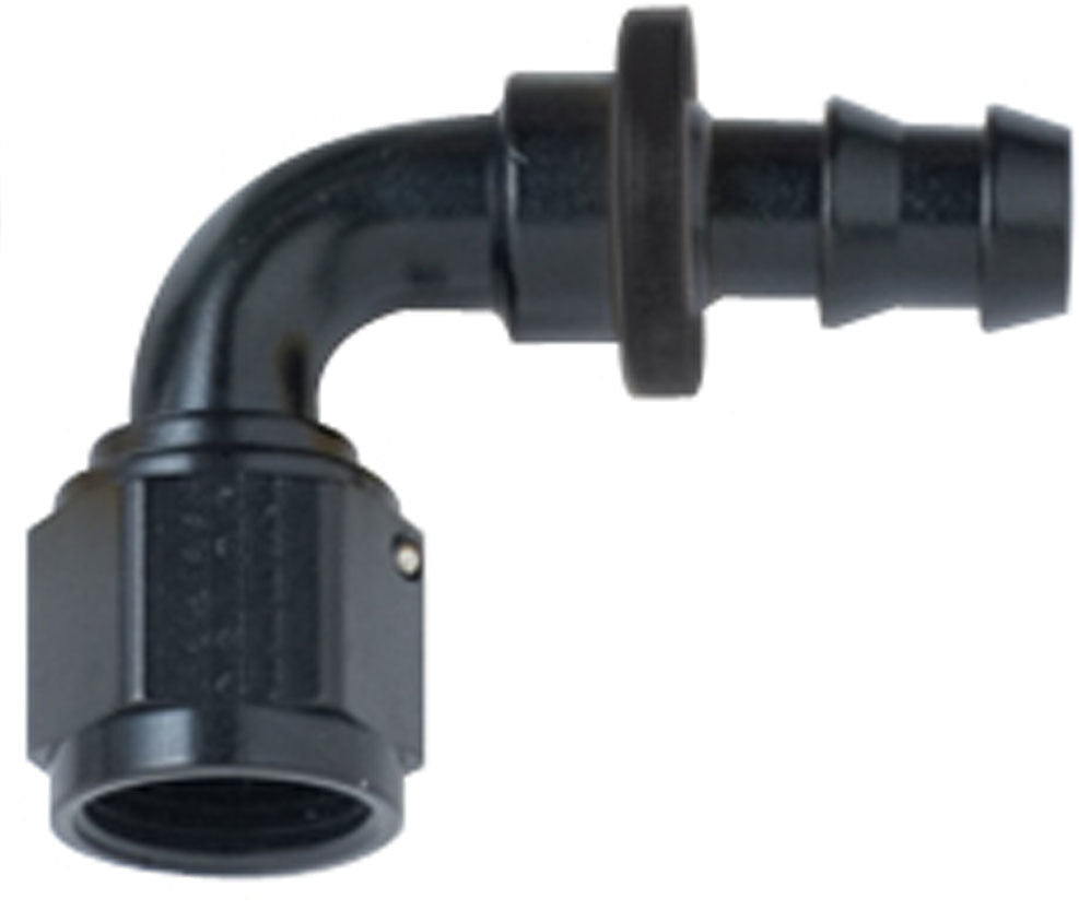 Fitting - Hose End - 8000 Series Push-Lite - 90 Degree - 4 AN Hose Barb to 4 AN Female - Aluminum - Black Anodized - Each