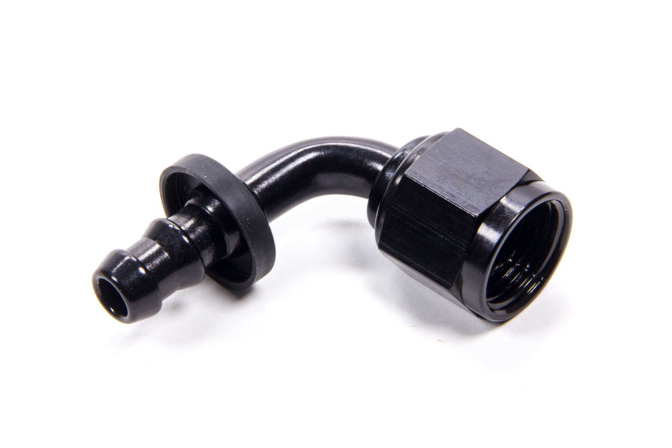 Fitting - Hose End - 8000 Series Push-Lite - 90 Degree - 6 AN Hose Barb to 8 AN Female - Aluminum - Black Anodized - Each