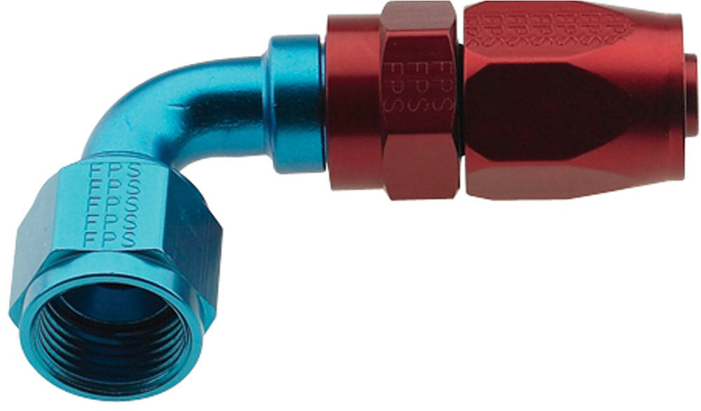 Fitting - Hose End - 2000 Series Pro-Flow - 90 Degree - 10 AN Hose to 10 AN Female - Swivel - Aluminum - Blue / Red Anodized - Each