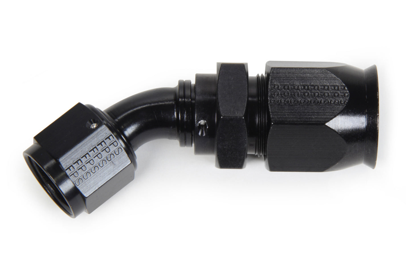 Fitting - Hose End - Race-Rite - PTFE Hose - 45 Degree - 12 AN Hose to 12 AN Female - Swivel - Aluminum - Black Anodized - Each