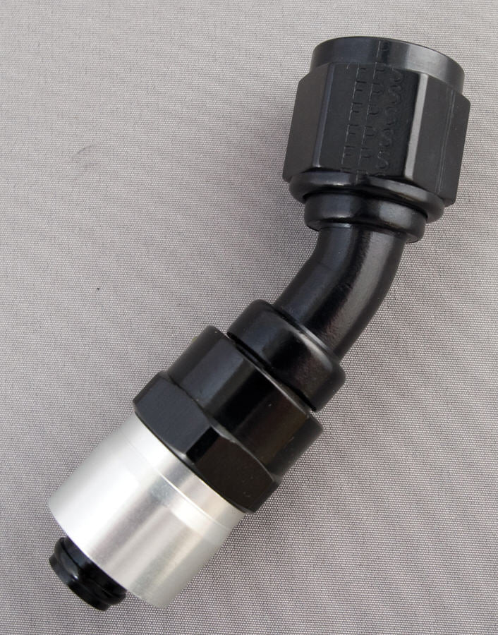 Fitting - Hose End - Sport-Crimp - 30 Degree - 10 AN Hose to 10 AN Female - Aluminum - Black / Silver Anodized - Each