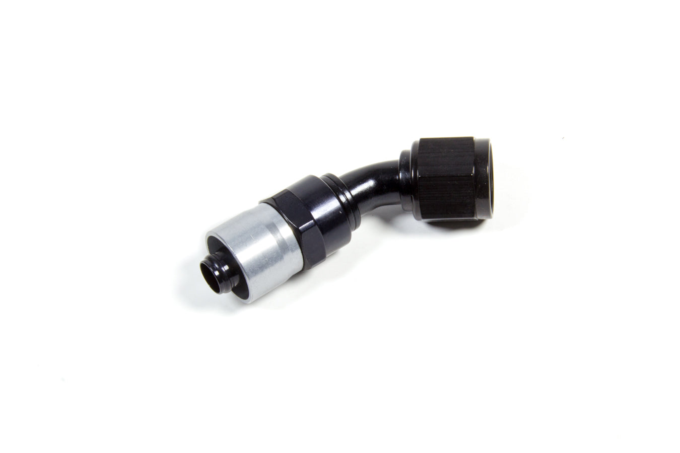 Fitting - Hose End - Sport-Crimp - 45 Degree - 8 AN Hose to 8 AN Female - Aluminum - Black / Silver Anodized - Each