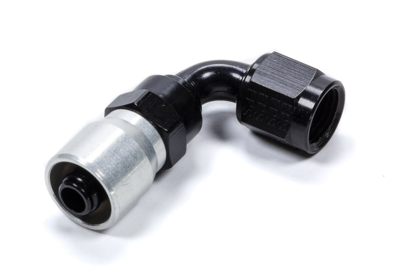 Fitting - Hose End - Sport-Crimp - 90 Degree - 4 AN Hose Barb to 4 AN Female - Swivel - Black / Clear Anodized - Each