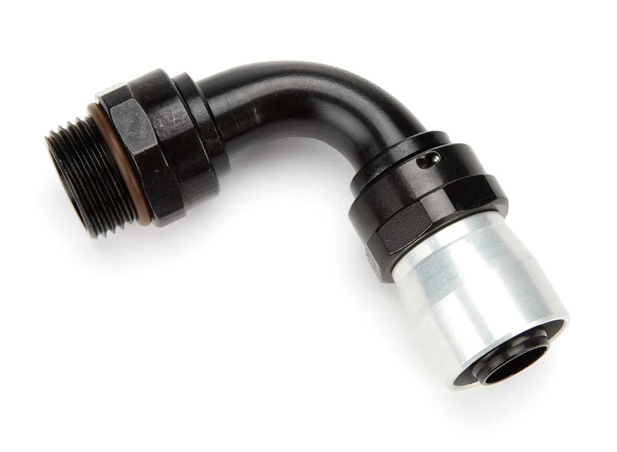 Fitting - Hose End - Sport Crimp - 90 Degree - 12 AN Male O-Ring to 12 AN Hose - Aluminum - Black / Silver Anodized - Each