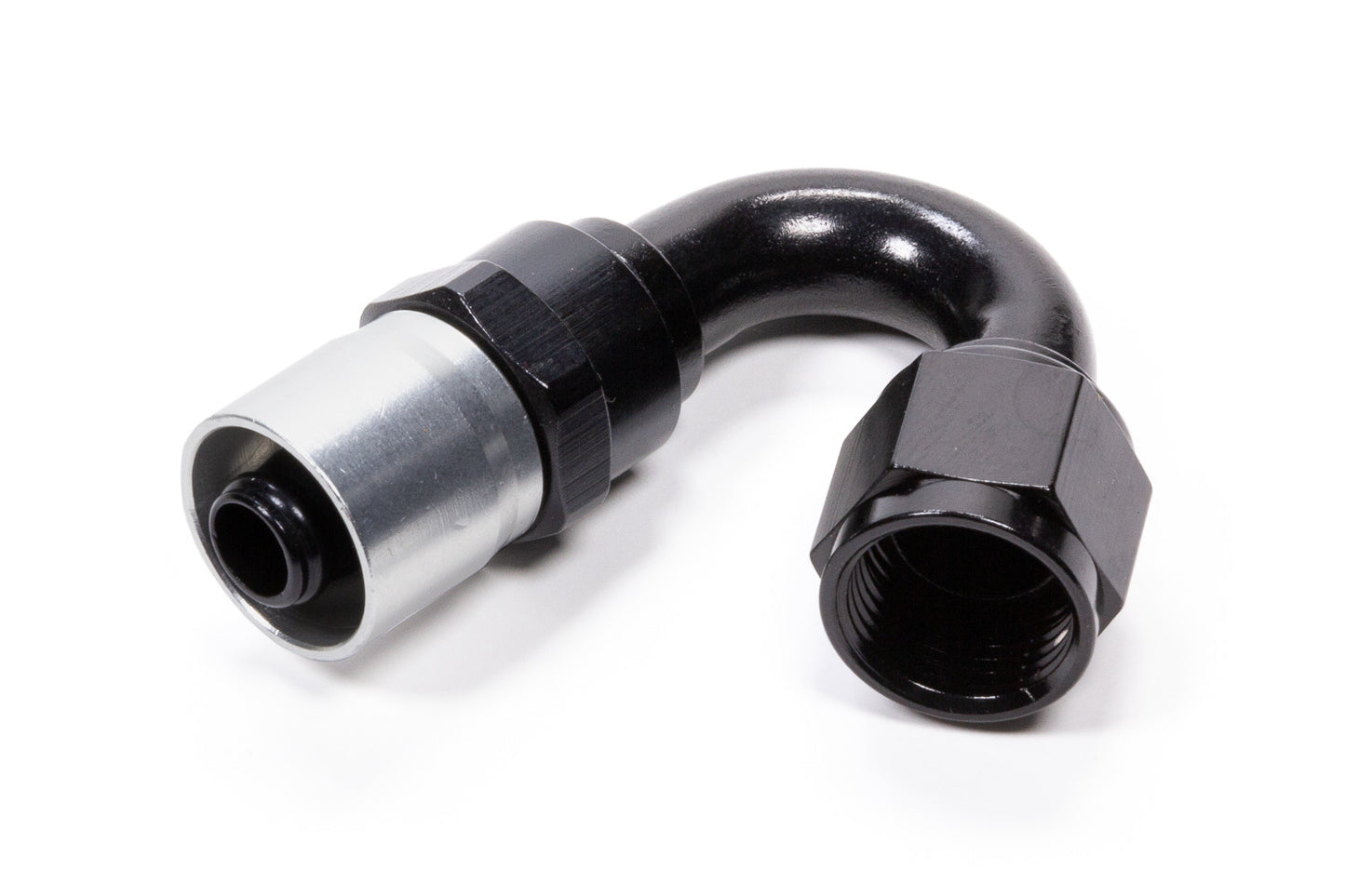 Fitting - Hose End - Sport-Crimp - 150 Degree - 6 AN Hose to 6 AN Female - Aluminum - Black / Silver Anodized - Each