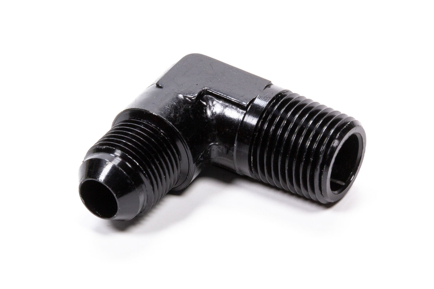 Fitting - Adapter - 90 Degree - 8 AN Male to 1/2 in NPT Male - Aluminum - Black Anodized - Each