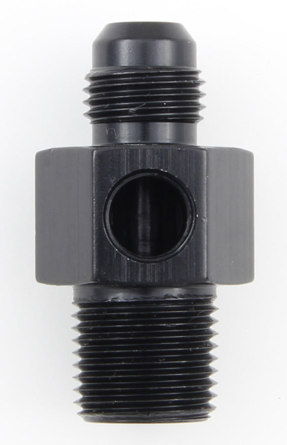 Fitting - Gauge Adapter - Straight - 6 AN Male to 3/8 in NPT Male - 1/8 in NPT Gauge Port - Aluminum - Black Anodized - Each