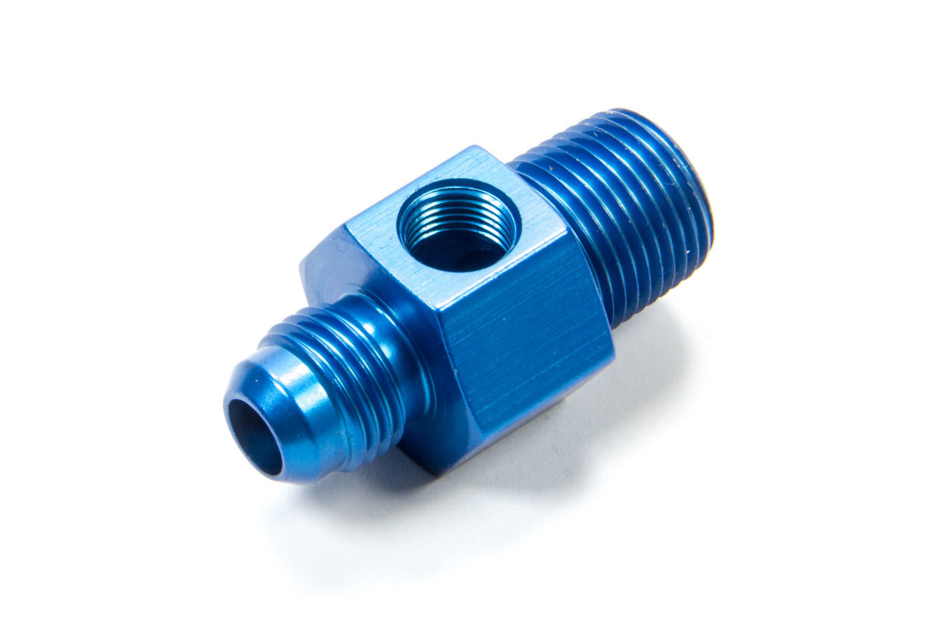 Fitting - Gauge Adapter - Straight - 6 AN Male to 3/8 in NPT Male - 1/8 in NPT Gauge Port - Aluminum - Blue Anodized - Each