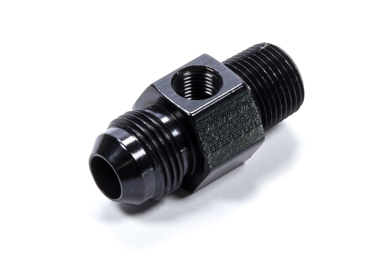 Fitting - Gauge Adapter - Straight - 8 AN Male to 3/8 in NPT Male - 1/8 in NPT Gauge Port - Aluminum - Black Anodized - Each