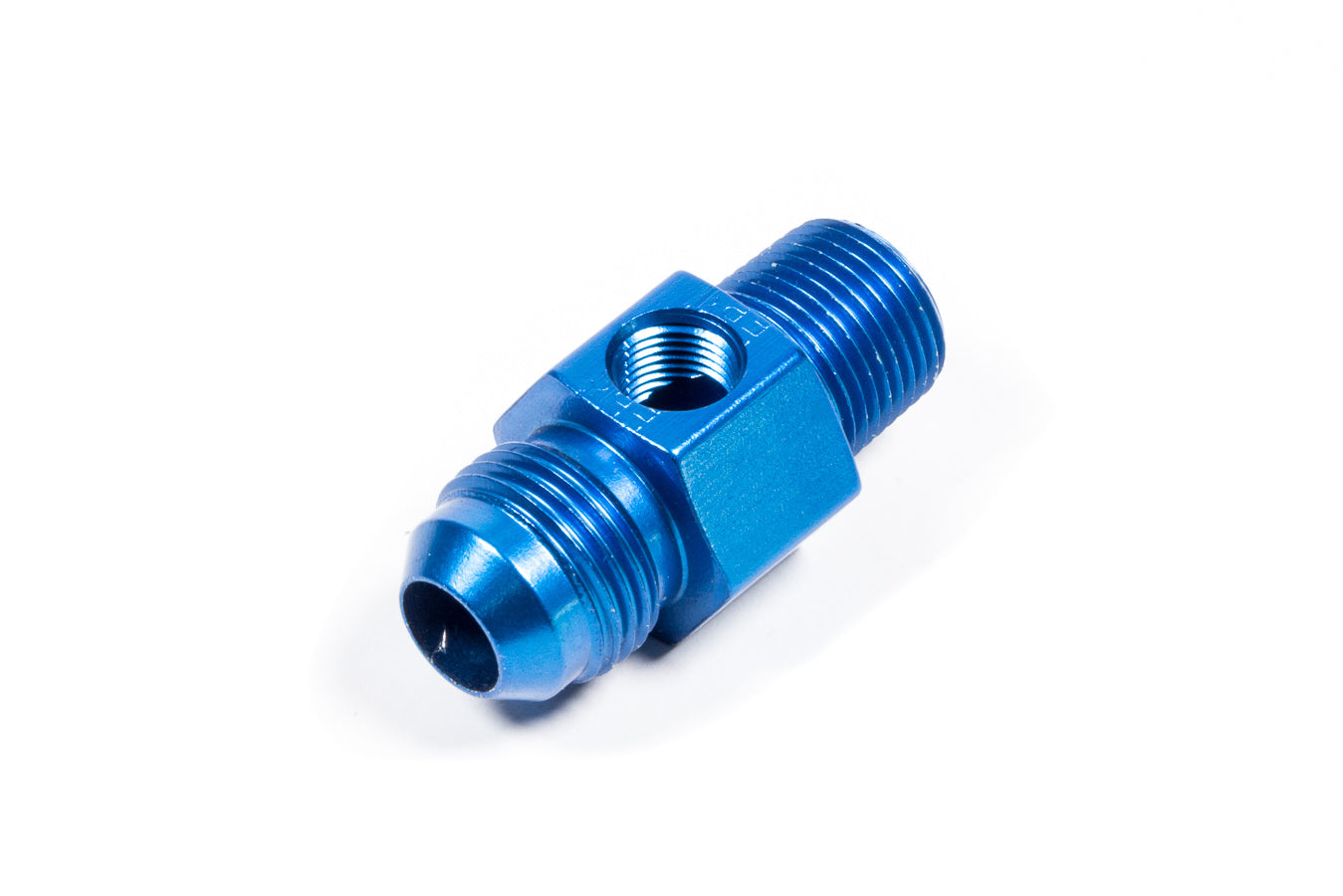 Fitting - Gauge Adapter - Straight - 8 AN Male to 3/8 in NPT Male - 1/8 in NPT Gauge Port - Aluminum - Blue Anodized - Each
