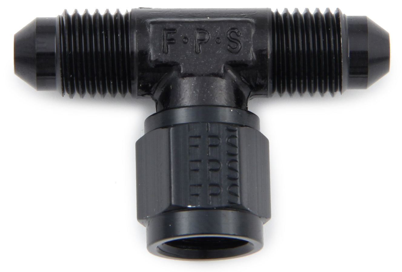 Fitting - Adapter Tee - 4 AN Female Swivel x 4 AN Male x 4 AN Male - Aluminum - Black Anodized - Each