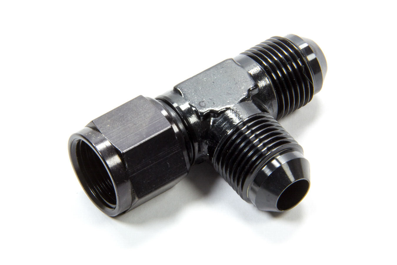 Fitting - Adapter Tee - 8 AN Female Swivel x 8 AN Male x 8 AN Male - Aluminum - Black Anodized - Each