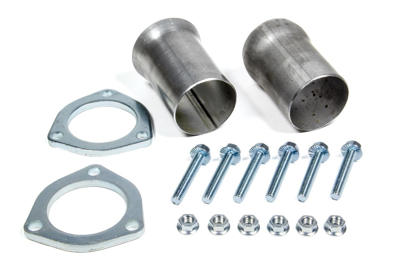 Collector Reducer - 2-1/2 in Inlet to 2-1/2 in OD Outlet - 3-Bolt Ball and Socket Flange - Hardware Included - Steel - Aluminized - Pair