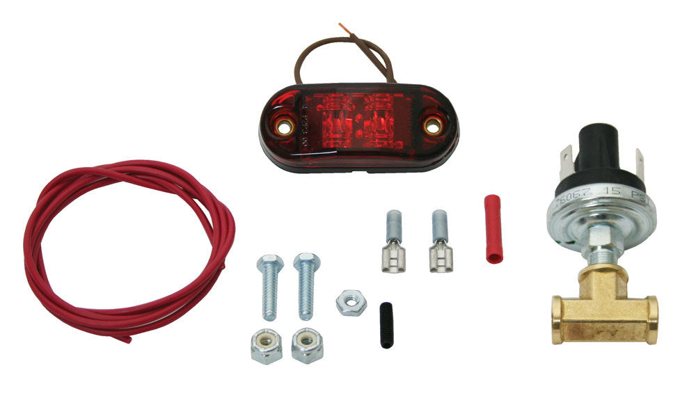 Warning Light - Oil Pressure - 15-24 psi - Adjustable - 1/8 in NPT Male - Light / Sender / T Fitting / Wiring - Red - Kit