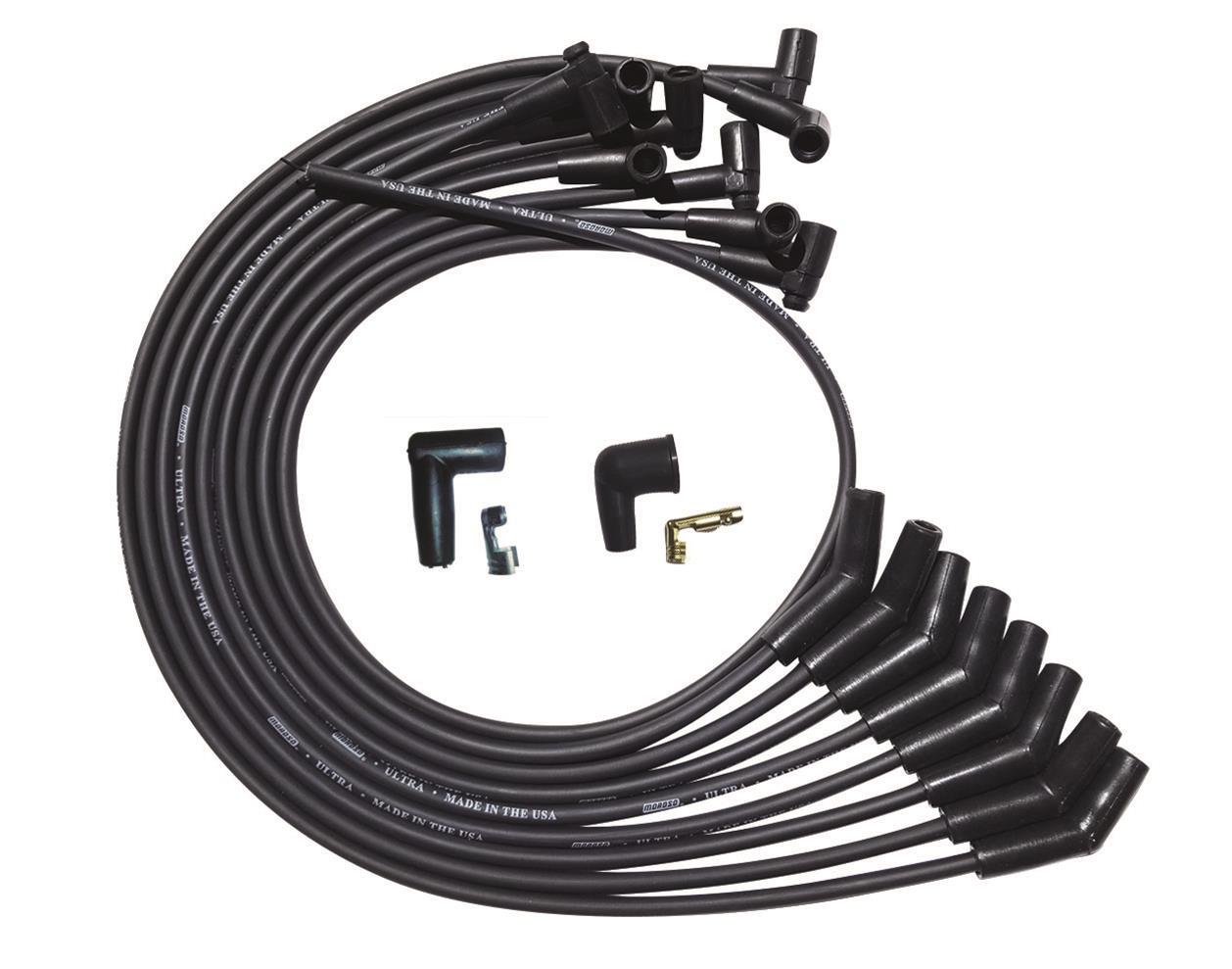 Spark Plug Wire Set - Ultra - Spiral Core - 8 mm - Black - 135 Degree Plug Boots - HEI Style Terminal - Over The Valve Cover - Small Block Chevy - Kit