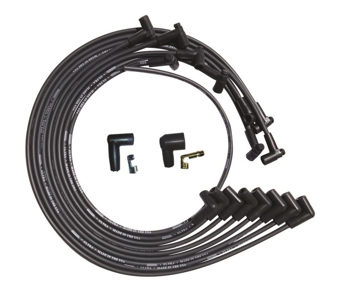 Spark Plug Wire Set - Ultra - Spiral Core - 8 mm - Black - 90 Degree Plug Boots - HEI Style Terminal - Under The Header - Small Block Chevy - Kit