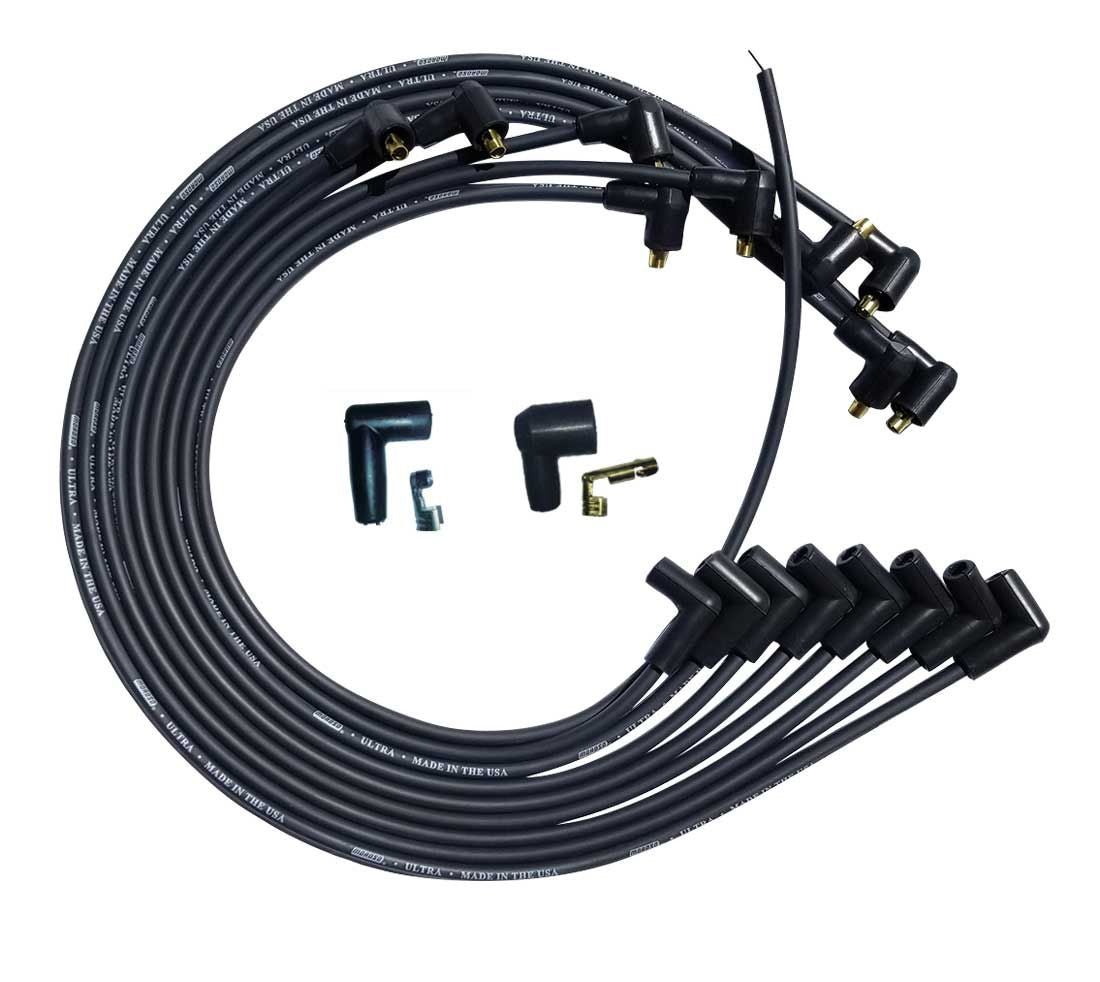 Spark Plug Wire Set - Ultra - Spiral Core - 8 mm - Black - 90 Degree Plug Boots - Socket Style - Under The Header - Small Block Chevy - Kit