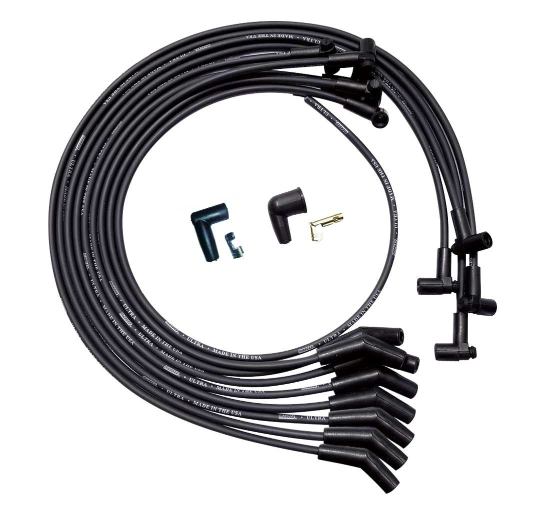 Spark Plug Wire Set - Ultra - Spiral Core - 8 mm - Black - 135 Degree Plug Boots - HEI Style Terminal - Under The Header - Small Block Chevy - Kit