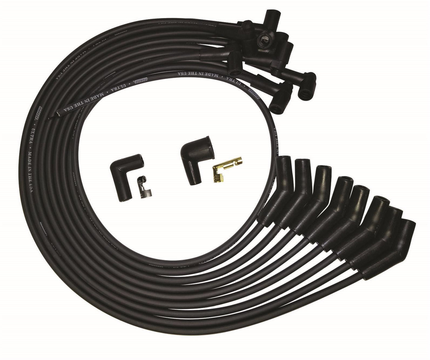 Spark Plug Wire Set - Ultra - Spiral Core - 8 mm - Black - 135 Degree Plug Boots - HEI Style Terminal - Small Block Ford - Kit