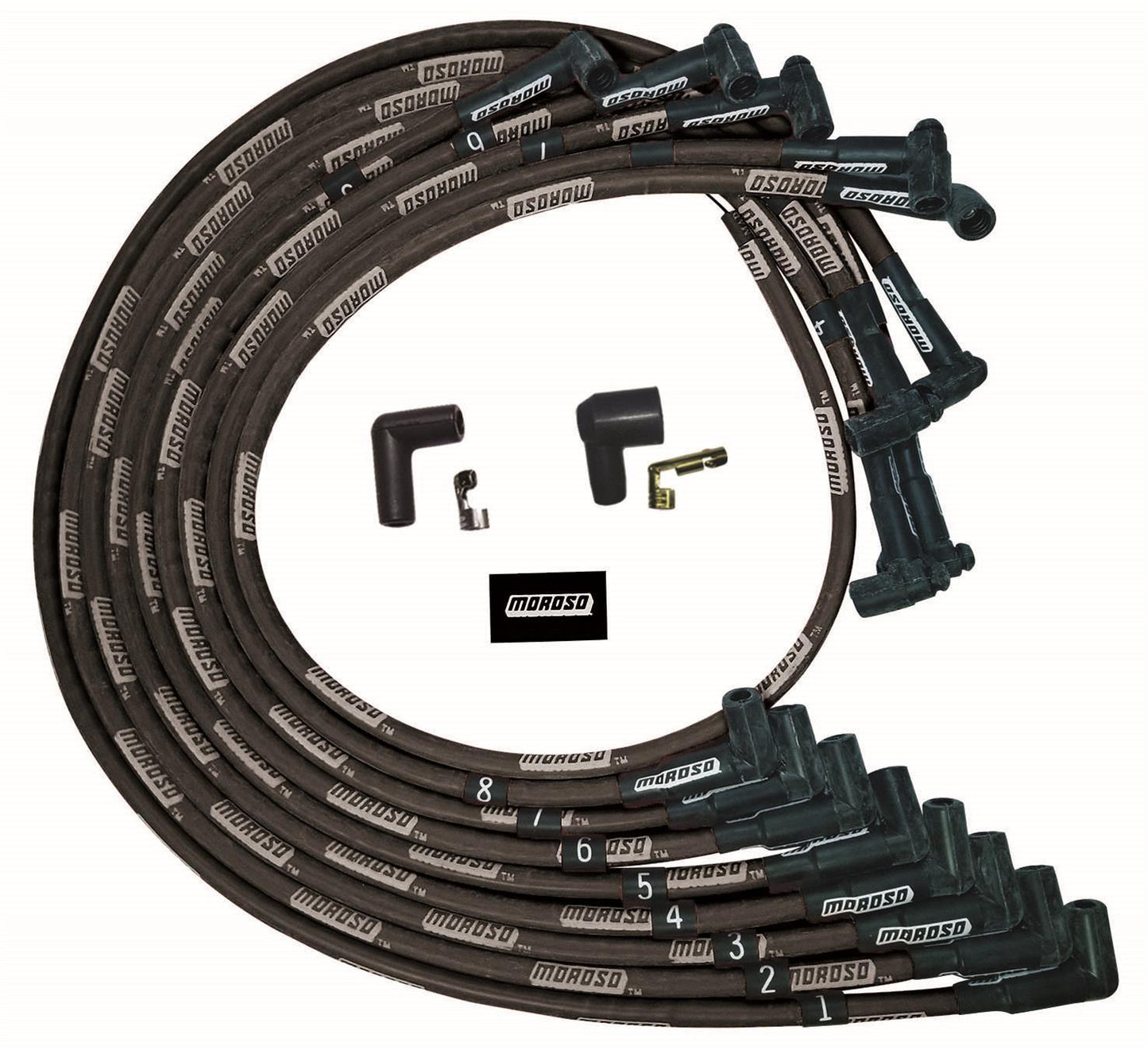 Spark Plug Wire Set - Ultra - Spiral Core - 8 mm - Sleeved - Black - 90 Degree Plug Boots - HEI Style Terminal - Under The Header - Small Block Chevy - Kit