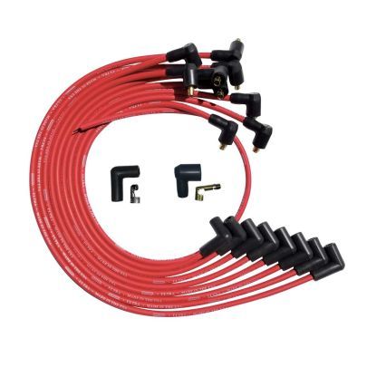 Spark Plug Wire Set - Ultra - Spiral Core - 8 mm - Red - 90 Degree Plug Boots - Socket Style - Over The Valve Cover - Small Block Chevy - Kit