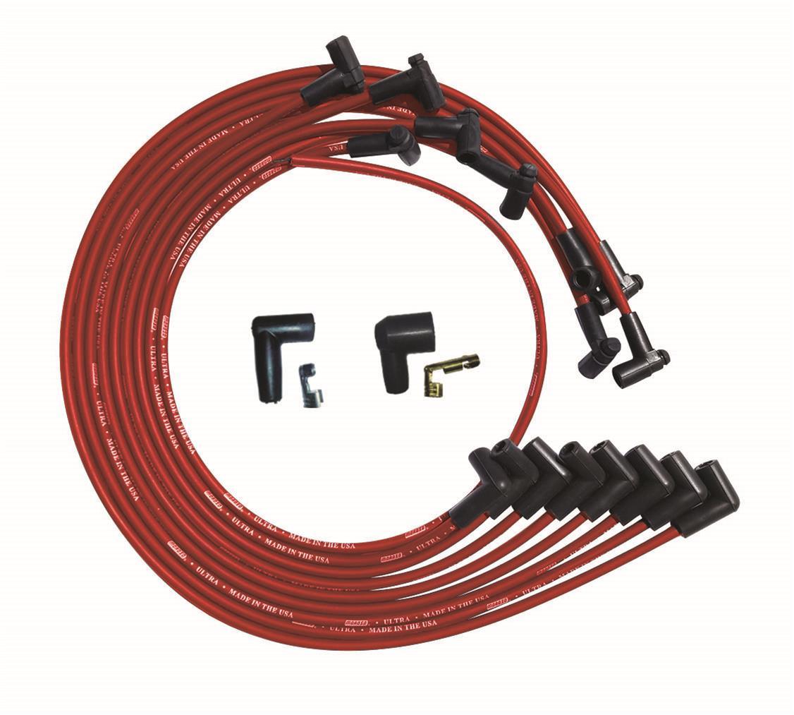 Spark Plug Wire Set - Ultra - Spiral Core - 8 mm - Red - 90 Degree Plug Boots - HEI Style Terminal - Under The Header - Small Block Chevy - Kit