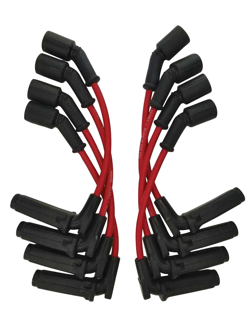 Spark Plug Wire Set - Ultra - Spiral Core - 7 mm - Red - 90 Degree Plug Boots - Factory Style Boots - 11.00 in Long - GM LS-Series - Kit