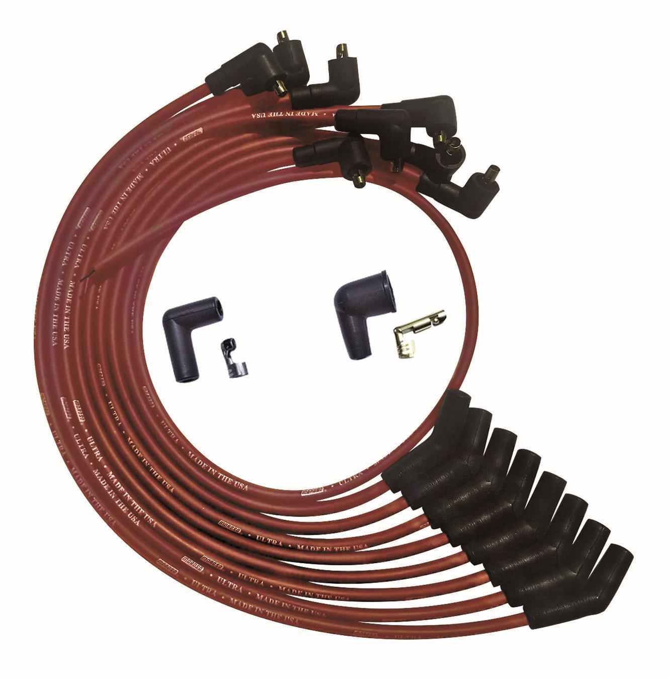 Spark Plug Wire Set - Ultra - Spiral Core - 8 mm - Red - 135 Degree Plug Boots - Socket Style - Small Block Ford - Kit