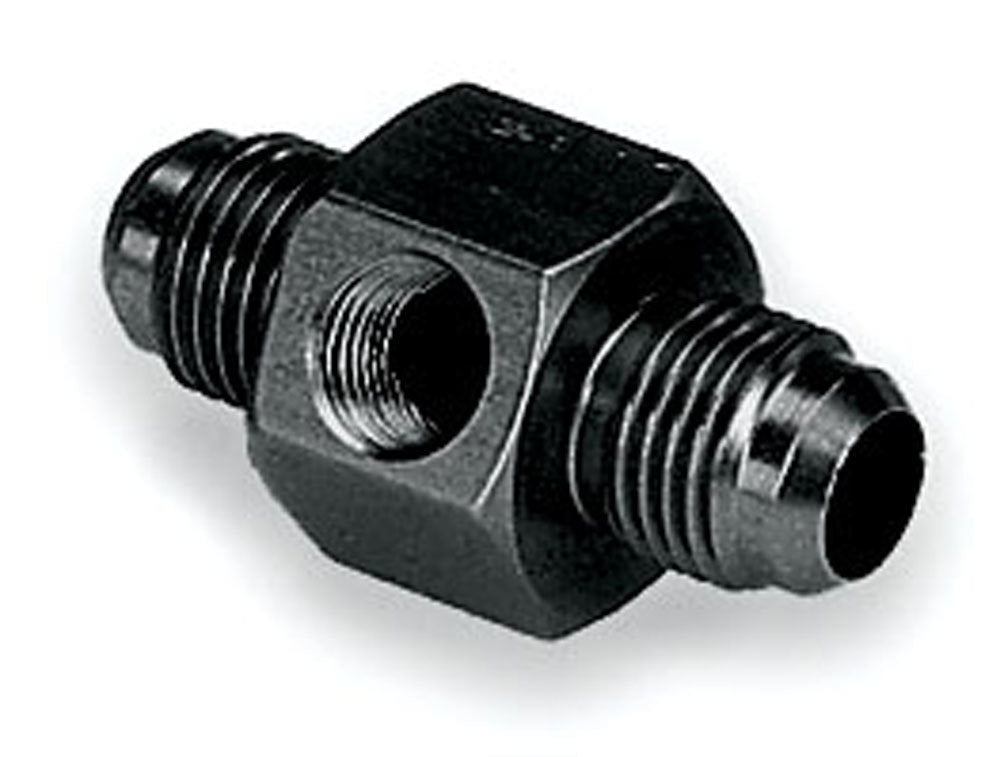 Fitting - Gauge Adapter - Straight - 6 AN Male to 6 AN Male - 1/8 in NPT Gauge Port - Aluminum - Black Anodized - Each