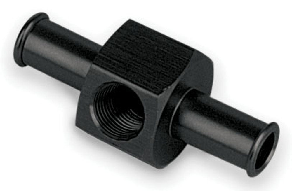Fitting - Gauge Adapter - Straight - 3/8 in Hose Barb to 3/8 in Hose Barb - 1/8 in NPT Gauge Port - Aluminum - Black Anodized - Each