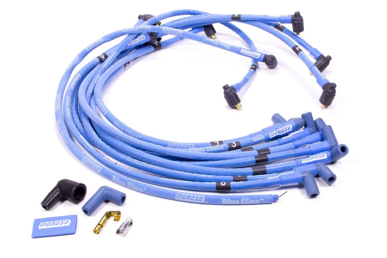 Spark Plug Wire Set - Blue Max - Spiral Core - 8 mm - Blue - 90 Degree Plug Boots - Socket Style - Under Headers - Small Block Chevy - Kit