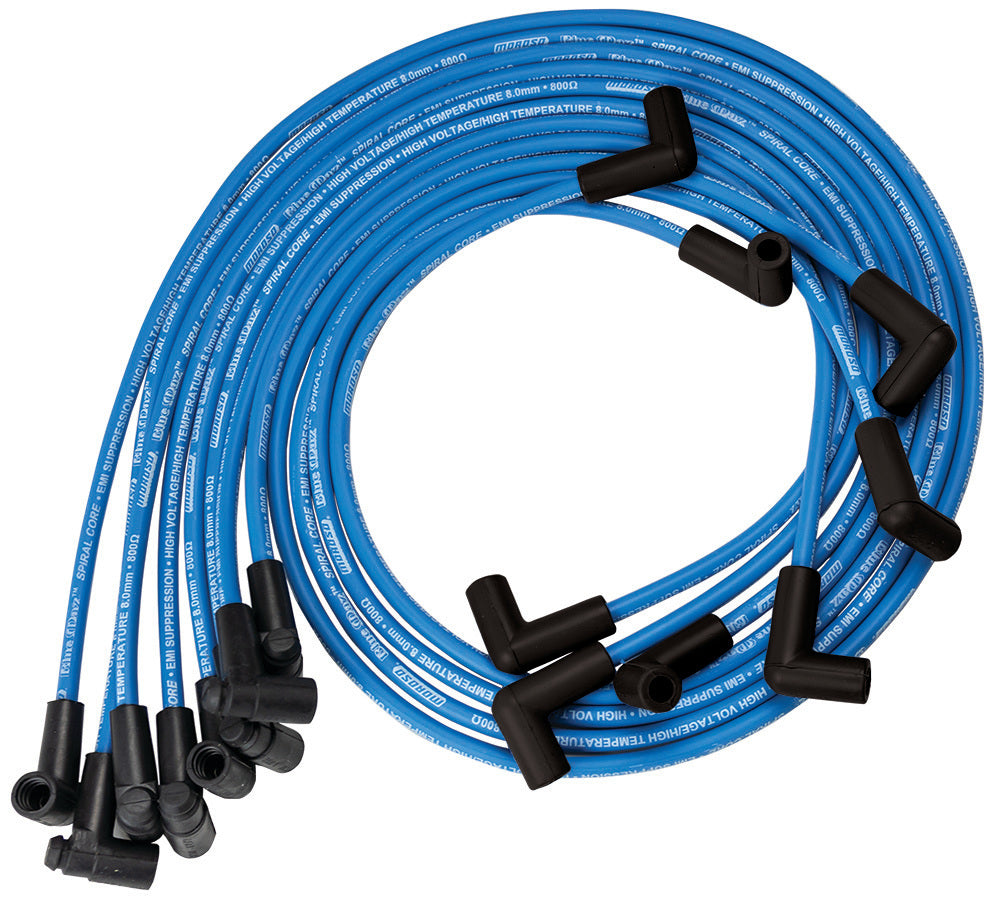 Spark Plug Wire Set - Blue Max - Spiral Core - 8 mm - Blue - 90 Degree Plug Boots - HEI Style Terminal - Small Block Chevy - Kit