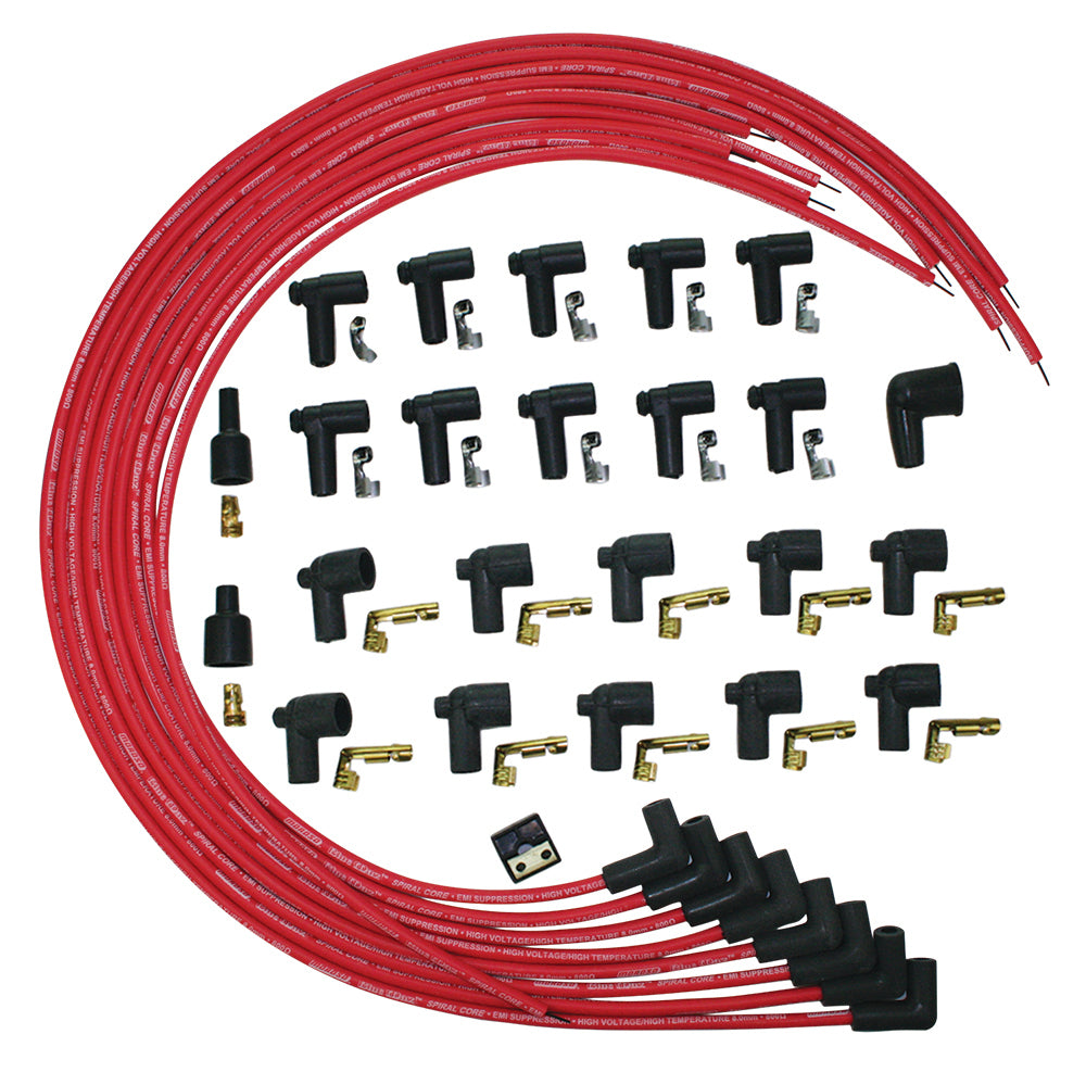 Spark Plug Wire Set - Blue Max - Spiral Core - 8 mm - Red - 90 Degree Plug Boots - HEI / Socket Style - Cut-To-Fit - V8 - Kit
