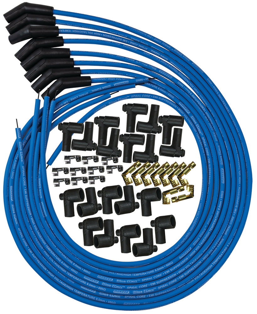 Spark Plug Wire Set - Blue Max - Spiral Core - 8 mm - Blue - 135 Degree Plug Boots - HEI / Socket Style - Cut-To-Fit - V8 - Kit